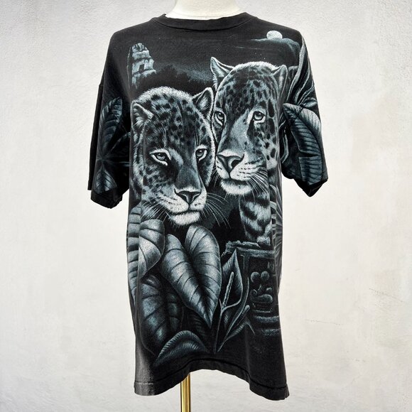 Vintage 90s Nature All Over Print Leopard in Jungle Single Stitch T-Shirt Sz Lrg - Picture 15 of 15